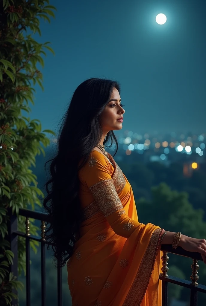 a beautiful indian lady standing at balcony in night and feeling sad for her love