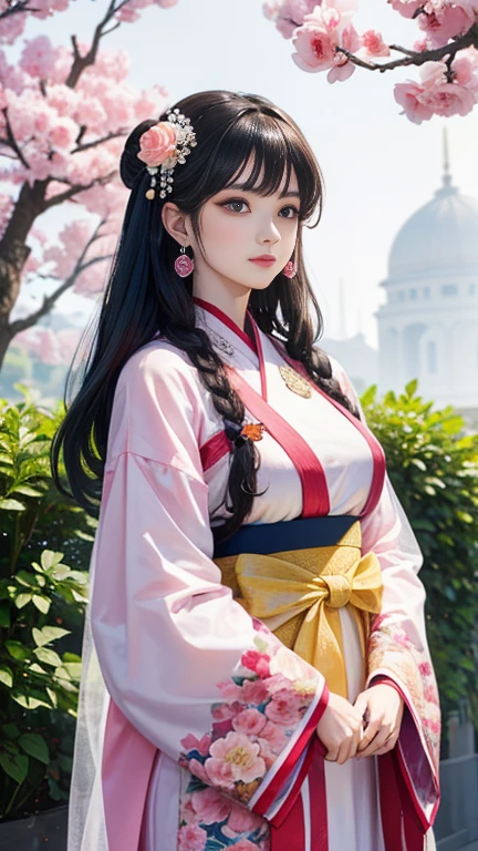 ( High resolution、masterpiece、Highest quality、High resolution、8k、 Super detailed)、 Young beautiful woman、Beautiful Face、Beautiful Face、Pretty lips、Ample breasts、Tea-black Maruge Hairstyle、I am vigorously exercising my body in martial arts training.、Standing posture、Hanfu、Full Body Shot、background、Fantasy World、Immortal Realm、The world of immortals、The palace residence、Pink peony flowers、Colorful flowers、Peach Tree、Vibrant colors、Detailed CG、