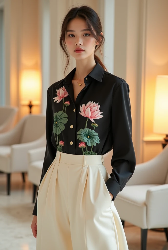 8k image of model wearing black tucked-in shirt with lotus flower pattern. Cream colored stand-up skirt. Luxurious elegant style. Background with rice white walls, chairs, lamps