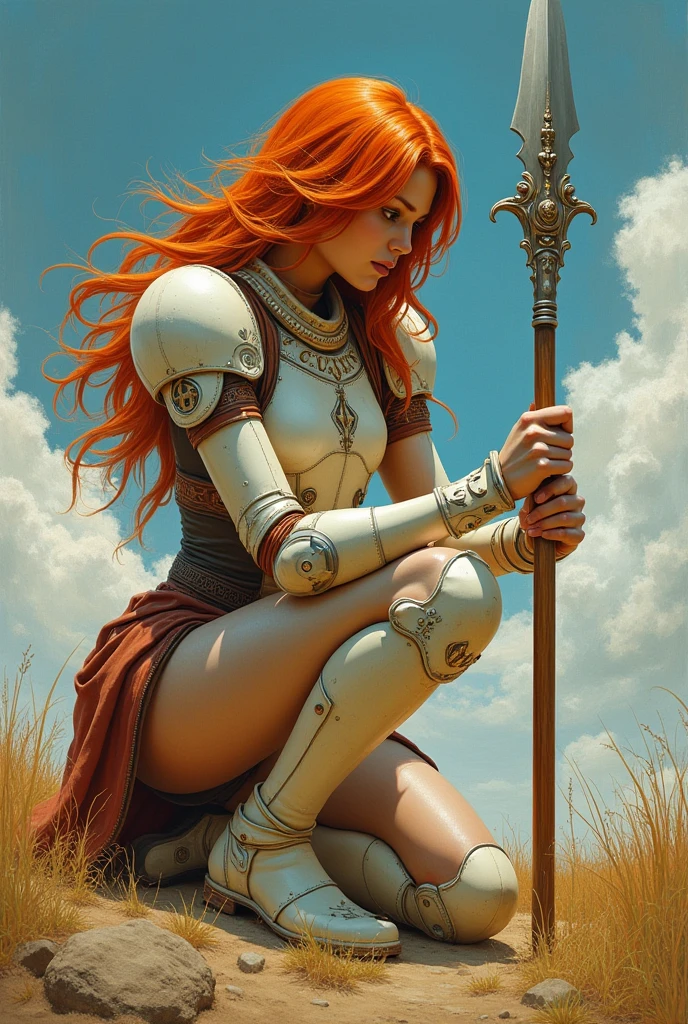 bronze-skinned girl, pastel aesthetics, final fantasy cyber armor. orange-haired, flowing hair by loish, cleaning her favorite spear, dramatic tones. hdr, oil painting masterpiece by norman rockwell, silver eyes