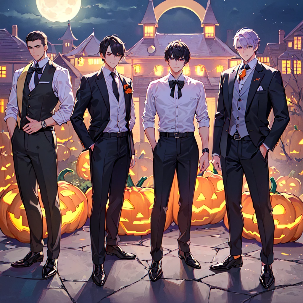 masterpiece,best quality,high quality,(3male austere handsome three adult age 30 years old:1.5), purple eyes, cool with suspended eyes, V-shaped eyebrows, body strong and fearless 8.5 head tall, height 185cm, (well-groomed black short hair down to neck:1.4), (bangs 7 thirds parted:1.4), slender nose, facial muscles, throat, (pants in Halloween fashion:1.3), (standing:1.3), (stylish pose), (cool smile:1.3), (background Halloween town:1.3) , (moonlit night:1.3)