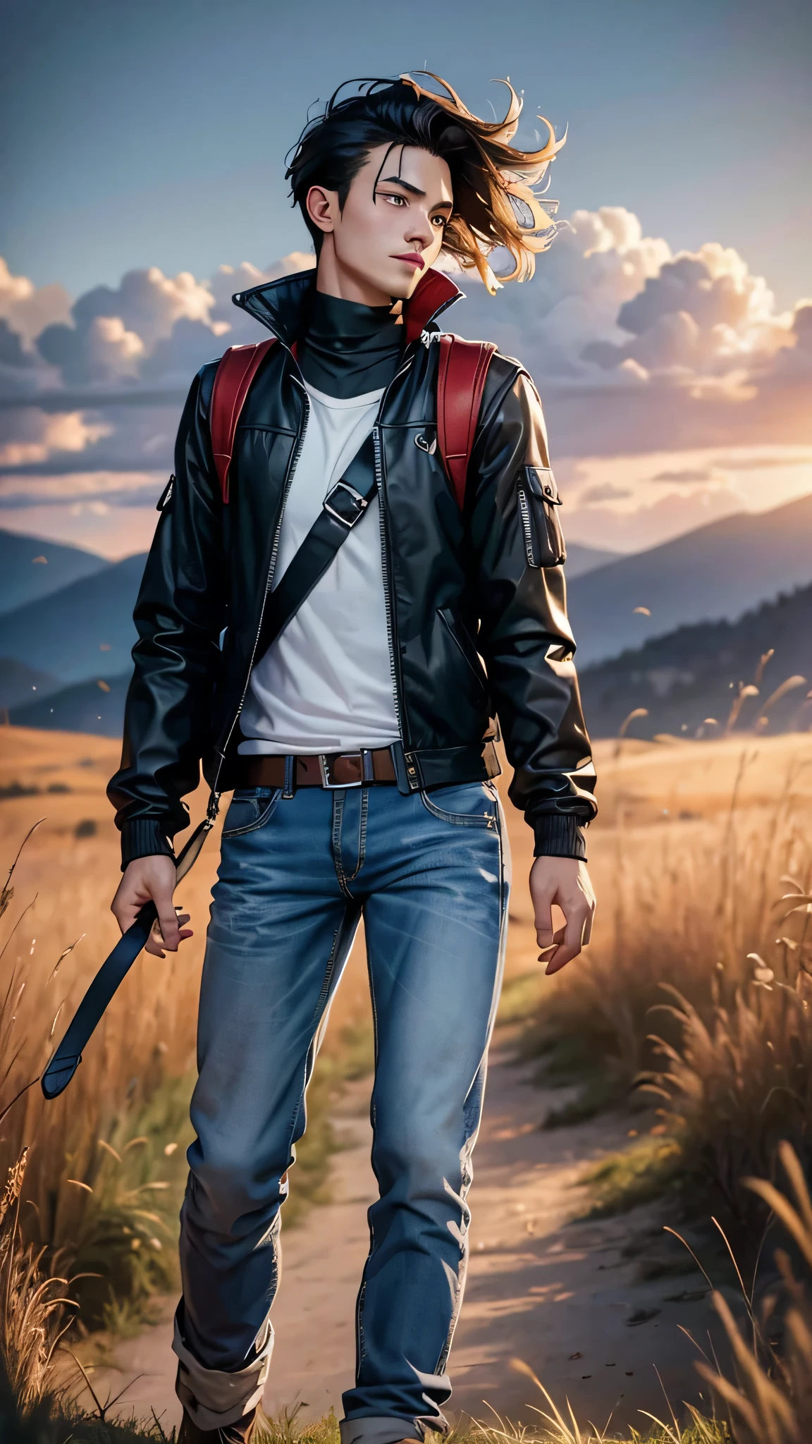 最high quality、Best image quality、masterpiece、male((18-year-old、slender、Stubble、Have a camera、White shirt、Red eyes、all back、Black Hair、Fighting Pose、Black rider jacket、Blue denim trousers、Black Rucksack、Stubble、Show the whole body)）high quality、Beautiful art、background((grassland、Strong winds)),Tabletop、Exquisite design、Visual Arts、Written boundary depth、Best lighting、Highest detail、8ｋ