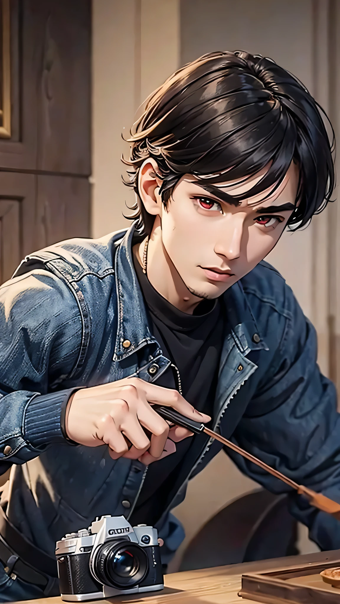 最high quality、Best image quality、masterpiece、male((18-year-old、slender、Stubble、Have a camera、White shirt、Red eyes、all back、Black Hair、Fighting Pose、Black rider jacket、Blue denim trousers、Black Rucksack、Stubble、Show the whole body)）high quality、Beautiful art、background((grassland、Strong winds)),Tabletop、Exquisite design、Visual Arts、Written boundary depth、Best lighting、Highest detail、8ｋ