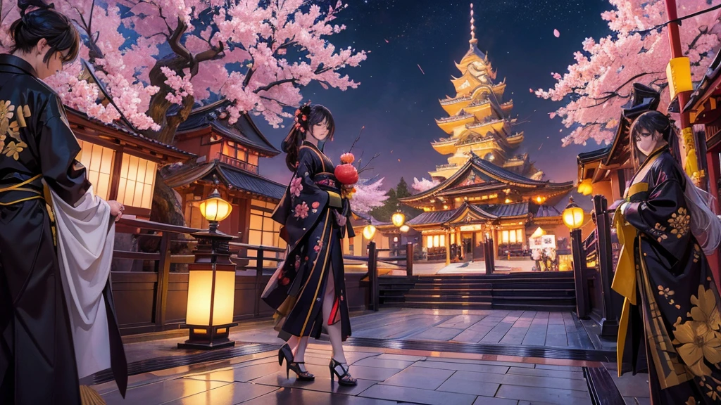 A high-end Japanese restaurant with a ninja twist Fold cherry blossoms Yellow neon Golden Pika Building streets of the near future Japanese Cyber hologram huge round window Elegant adult space shuttle Searchlight Gorgeous Skyscraper SF Kimono woman