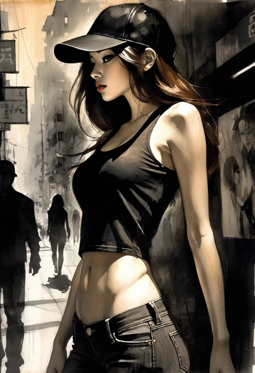 slim girl, sexy, modern, black baseball cap, jeans, very tight black tank top, very long brown hair, Korean features, on the streets of Seoul, sketch,eroticism, sexy, black and white image, between shadows, oil painting, chiaroscuro, sensual, dramatic lighting, moody atmosphere,  dark and brooding, expressionistic, powerful composition, emotional impact, art inspired by Bill Sienkiewicz