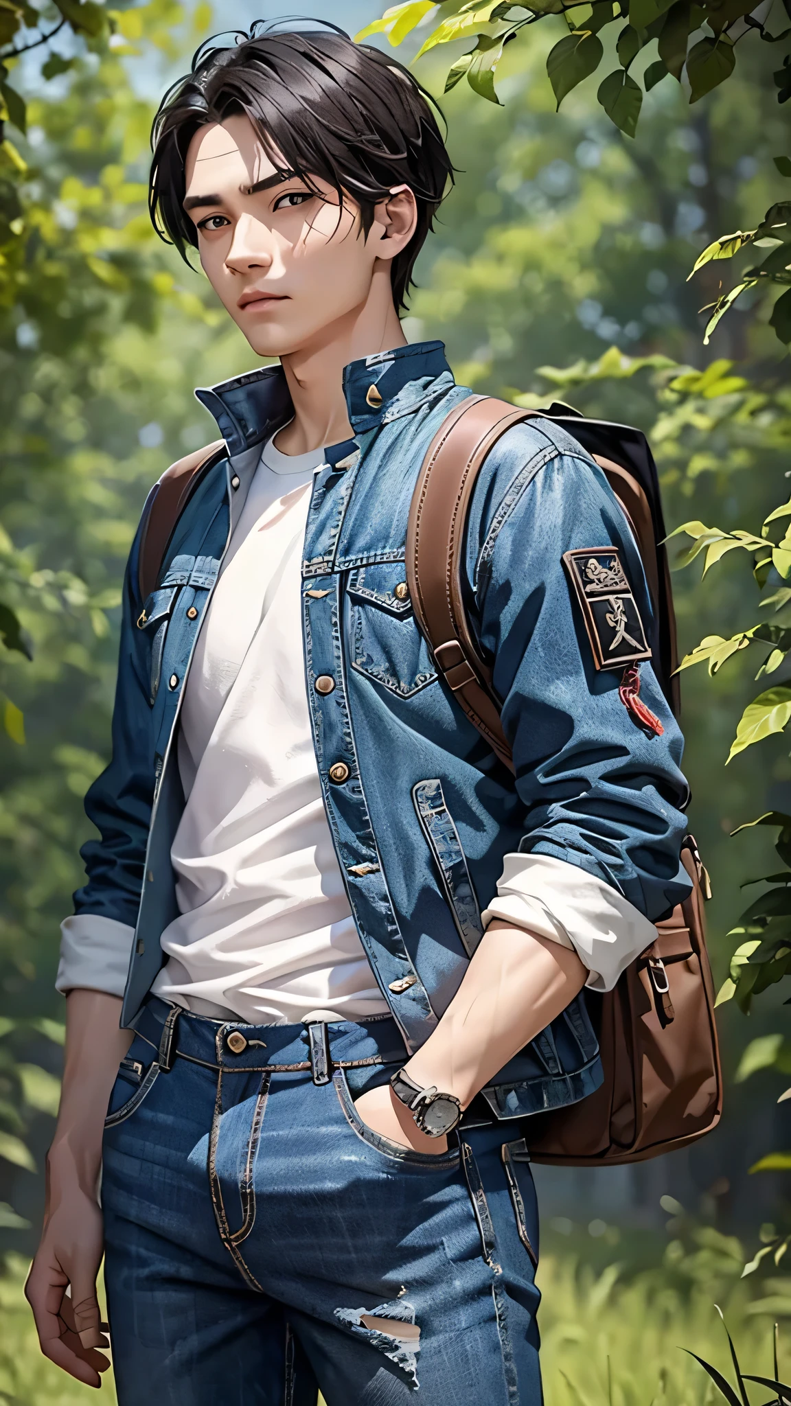 最high quality、Best image quality、masterpiece、male((18-year-old、slender、Stubble、Have a camera、White shirt、Red eyes、all back、Black Hair、Fighting Pose、Black rider jacket、Blue denim trousers、Black Rucksack、Stubble、Show the whole body))high quality、Beautiful art、background((grassland、Strong winds)),Tabletop、Exquisite design、Visual Arts、Written boundary depth、Best lighting、Highest detail、8k