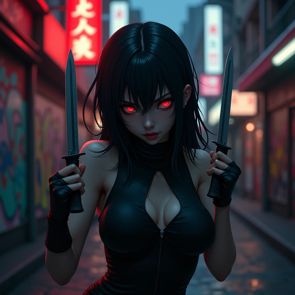 Yuri with black hair and red eyes in action at spy and family in anime style with both knife in hands hidding her face only her red eyes glimmering at dark city light