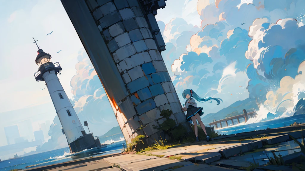 masterpiece, Highest quality,One person, hatsune miku,Lighthouse in the background