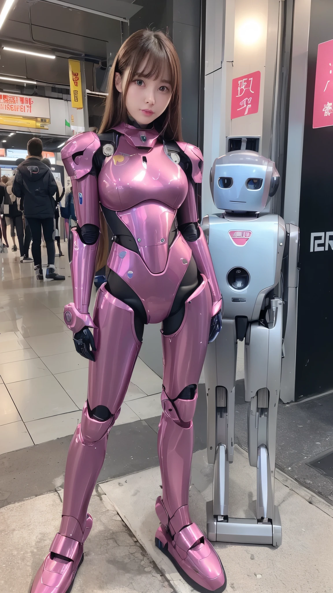 (Photorealsitic:1.4)、one robot woman、(top-quality)、(hyperdetailed face)、(Super well-formed face)、(Robot Parts)、(Female-Robot)、(25 years-old)、(Blue)、(pink there)、(Burgundy)、(metallic)、(full-body)、(sexy pose)、(Slender body)、(Model body type)、(full body mech)、(mechanical exposure)、(Akihabara)、(is looking at the camera)、(A dark-haired)、(Well-proportioned lady)、(a small face)、(a small head)、(well-groomed fingers)、(Idol)、(front facing)、(Standing with legs open)、(Photo session)、(Looks sad)、(perfect-female-robot)、(perfect-mechanical-body)