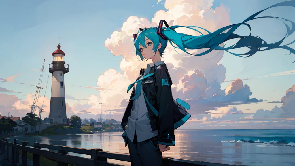 masterpiece, Highest quality,One person, hatsune miku,Lighthouse in the background