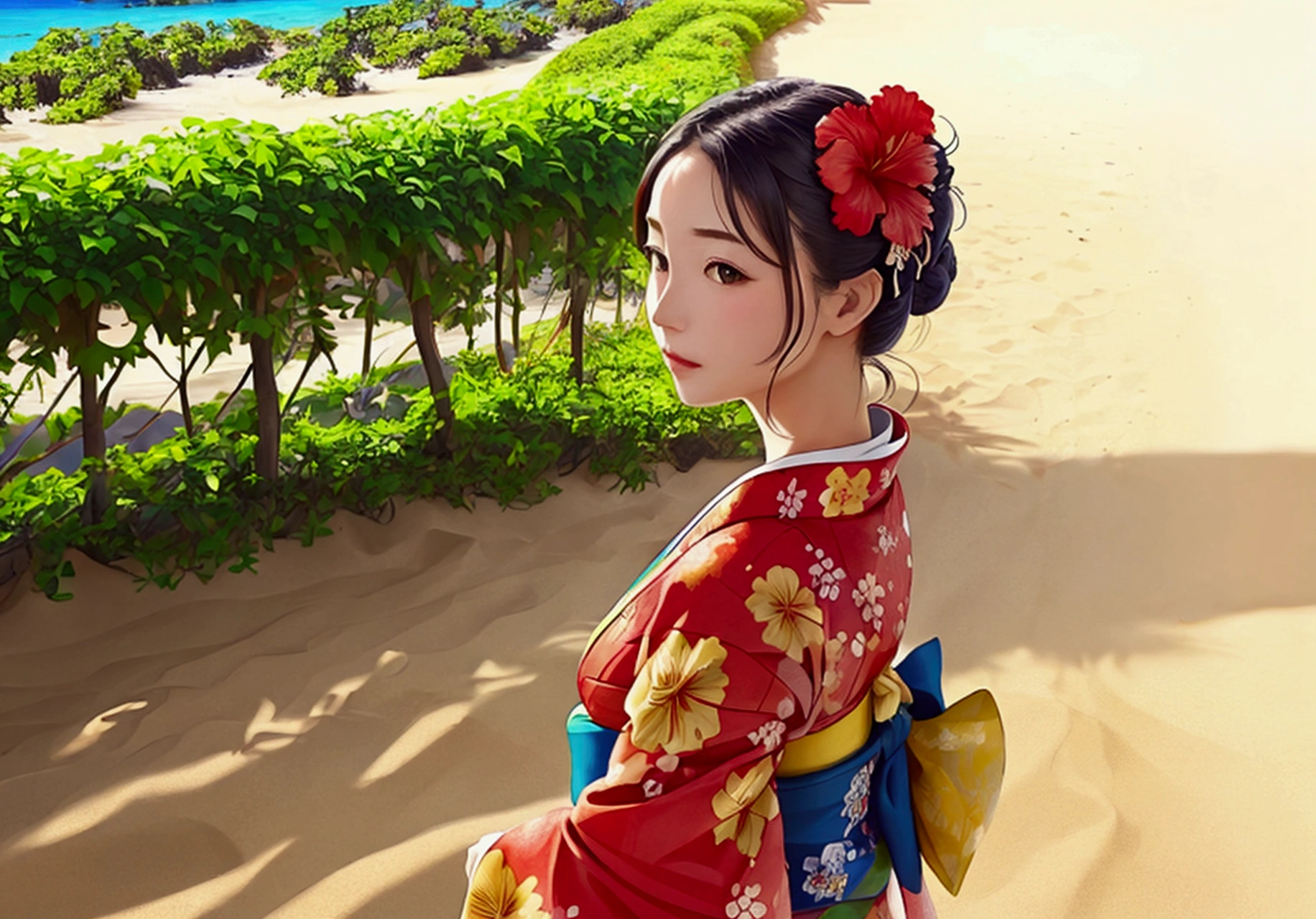 A beautiful woman in a kimono with a hibiscus flower in her hair on a Hawaiian beach。Sunny weather in summer、The sun is dazzling、Full of tropical vibes。