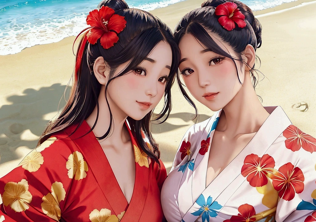 A beautiful woman in a kimono with a hibiscus flower in her hair on a Hawaiian beach。Sunny weather in summer、The sun is dazzling、Full of tropical vibes。