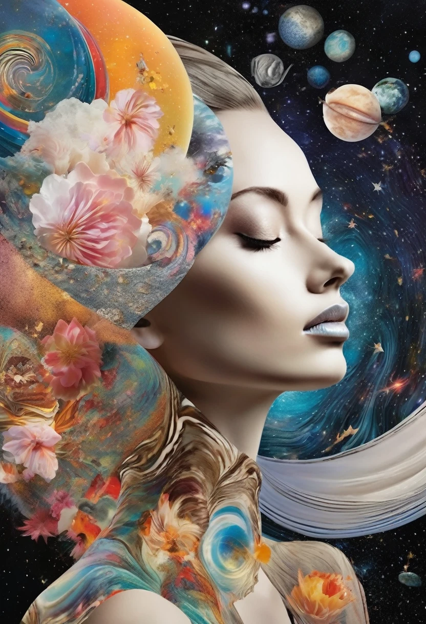 A collage of celestial imagery with abstract, surreal patterns, creating a dreamy, otherworldly design. in style of Alberto Vargasin style of Marc Quinn