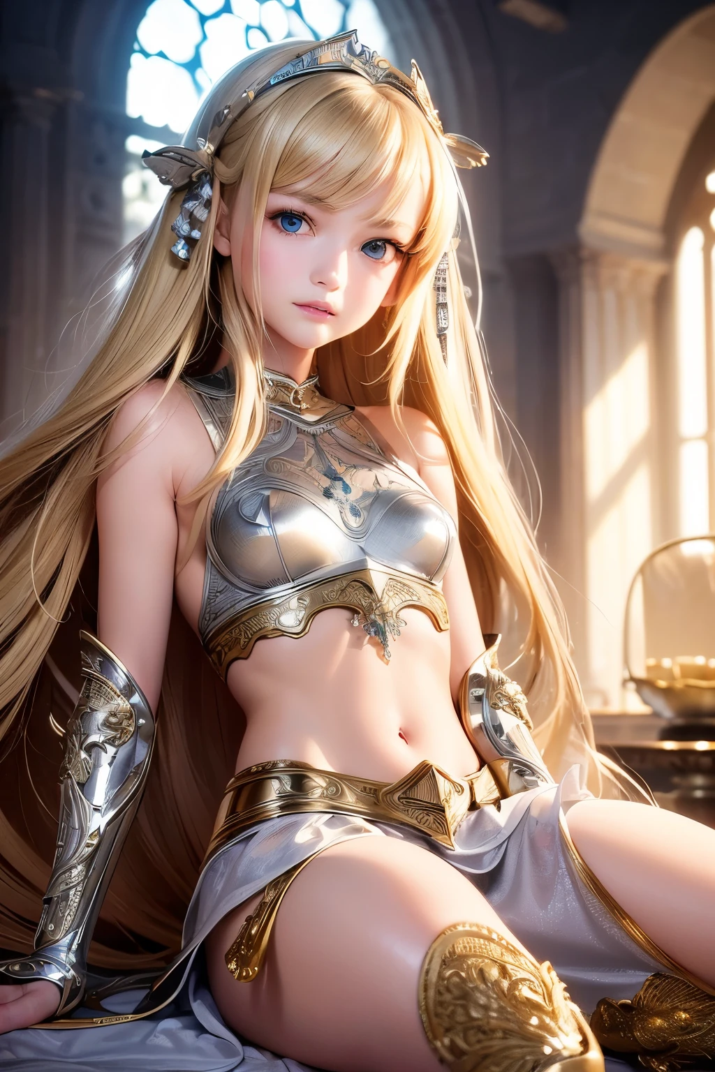 masterpiece,Highest quality,Very detailed,Photorealistic,Pretty Girl Rider,Beautiful blonde,Silver metallic armor with intricate decorations,gem,Soft lighting, 15 years old girl,Perfect Face,Beautiful and detailed eyes,Big bright eyes,Beautiful Skin,skinny,Small breasts,Dynamic,Dynamic Angles,Outside the massive stone fortress