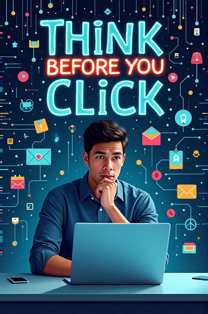 Make a poster about "think before you click" make sure it is accurate with information details. Make it nice