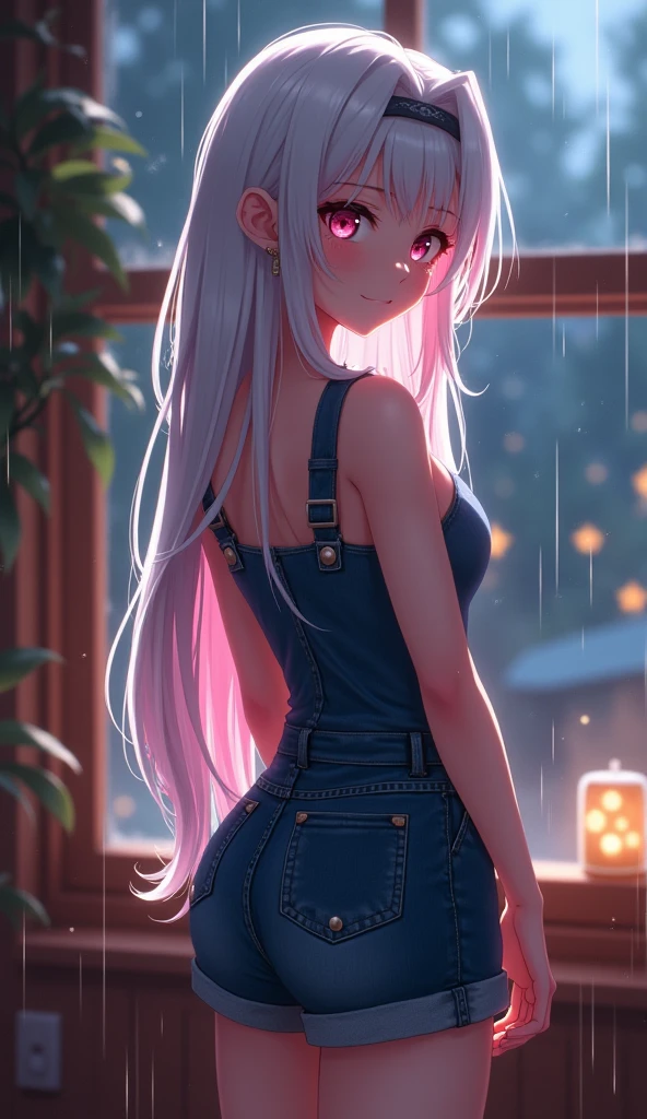 photorealistic,Realistic illustration in Modelshoot style,((masterpiece)),((The best quality)),((Ultra Quality)),((ultra detailed)),((1girl long white hair)),((Only)),((waifu:1.5)),Perfect anatomy,perfect hands,beautiful cuerpo,beautiful_method,ulzzang-6500-v1,e-chica,((Exceptionally Beauty Waifu Princess Tifa Lockhart)),blonde wavy hair, gradient hair, pink highlights in hair, big breasts, standing, makeup, glossy lips, full lips, (natural lighting), in room, night, cute denim short jumpsuit, shy smile, belly, collarbone, in love, cute gesture,((bright-pink_eyes)),long wavy hair, ((white hair)),hair clips,eyeliner,cute makeup,lipstick,Glossy lipstick,with a look of terror, worry and sadness,((eyes detallados perfectos)),rainy with fog outside,evening,pink theme,bioluminiscencia,light particles,((Extremely CG Unity 8K Wallpaper)),((cinematic lighting,Best quality lights)),intricate details,Suave,sharp focus,Extremely beautiful and aesthetic,Octane rendering,Full length portrait,damp skin,((Perfect detailed body)),