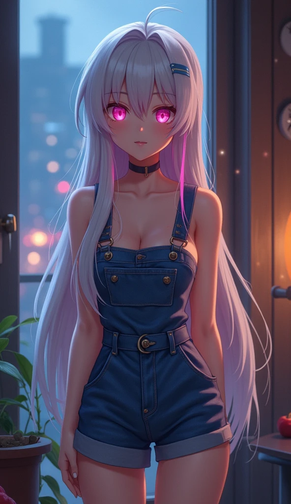 photorealistic,Realistic illustration in Modelshoot style,((masterpiece)),((The best quality)),((Ultra Quality)),((ultra detailed)),((1girl long white hair)),((Only)),((waifu:1.5)),Perfect anatomy,perfect hands,beautiful cuerpo,beautiful_method,ulzzang-6500-v1,e-chica,((Exceptionally Beauty Waifu Princess Tifa Lockhart)),blonde wavy hair, gradient hair, pink highlights in hair, big breasts, standing, makeup, glossy lips, full lips, (natural lighting), in room, night, cute denim short jumpsuit, shy smile, belly, collarbone, in love, cute gesture,((bright-pink_eyes)),long wavy hair, ((white hair)),hair clips,eyeliner,cute makeup,lipstick,Glossy lipstick,with a look of terror, worry and sadness,((eyes detallados perfectos)),rainy with fog outside,evening,pink theme,bioluminiscencia,light particles,((Extremely CG Unity 8K Wallpaper)),((cinematic lighting,Best quality lights)),intricate details,Suave,sharp focus,Extremely beautiful and aesthetic,Octane rendering,Full length portrait,damp skin,((Perfect detailed body)),