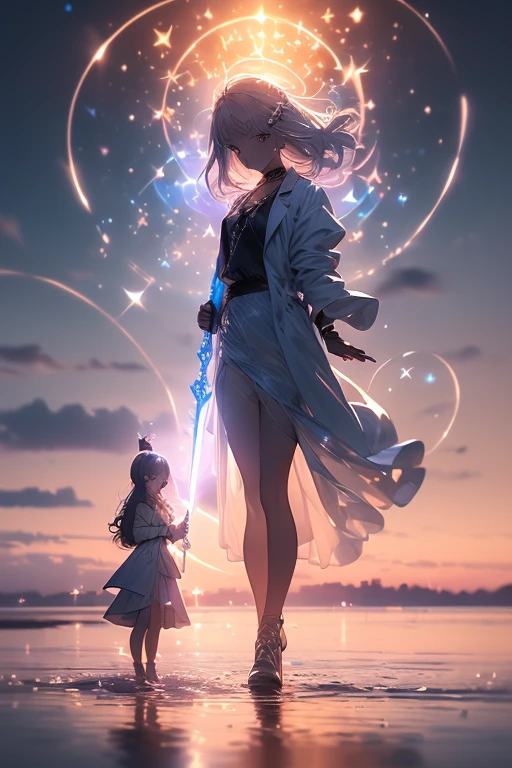 (masterpiece:1.5),ultra-detailed, 8K, High resolution, best quality, (depth of field:1.4), (parfect anatomy), (super accurate anatomy:1.5), 
,,
(1girl), (solo), (from diagonal below), dutch angle, looking at viewer, (full body), (delicate beauty and cute girl), (16years_old girl), (silver hair), (extreme long hair), (blue eyes), (fine detailed eyes), 
(small bast), (bangs), (french braid), (slender), (white jacket:1.3), (short jacket:1.3), long sleeve, (black shirt), (stand_up collar shirt), white vest, (white long skirt:1.3), white short boots, (wizard holding magic staff both hands:1.6), (point spear at viewer:1.6), (thrust a spear into viewer),, break,  (spell casting:1.5), (levitation:1.5), (consecutive magic_circle:1.5), light particle, light magic, chanting magic, ethereal glow, glowing runes, celestial alignment, cityscape, horizont, solar, (lens flare:1.2), 
(cinematic light), (cinematic shadow),
(beautiful reflection:1.3),
(Prismatic light:1.2),
(sparkling light:1.4),
(fantastical light:1.3),
(prismatic reflection:1.4),
(natural reflection:1.2),