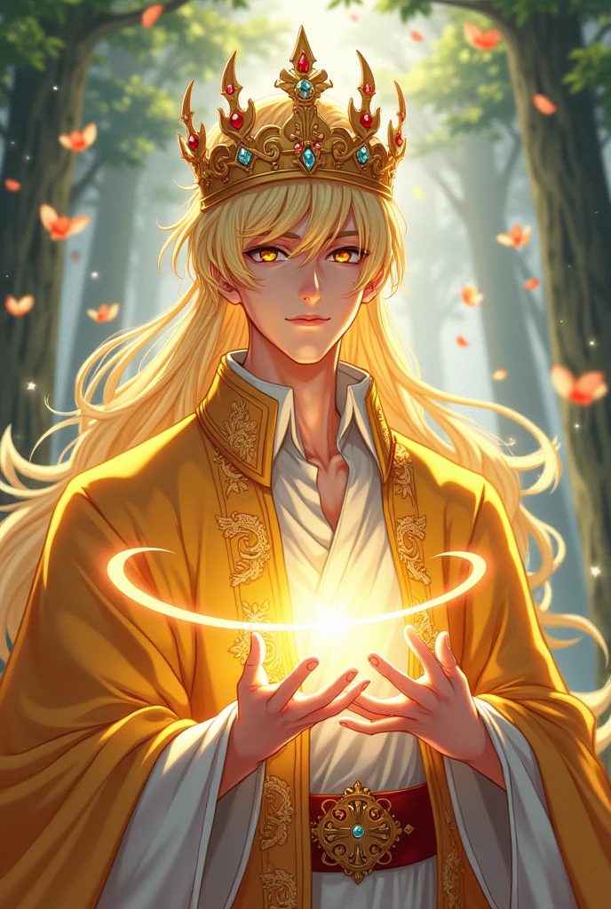((best quality)), ((masterpiece)), (detailed), A handsome prince, casts shining light magic, has light-yellow hair, wears a crown on his head, front pose, in anime style.