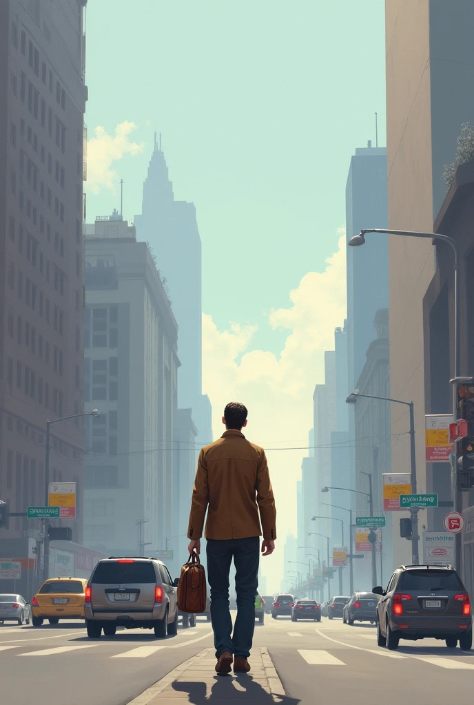 A painting depicting a worker going to work, use gradient in the sky and less saturated colors, add buildings to the city and smoke, traffic and street signs, focus on the main character, The character should be looking at the buildings.