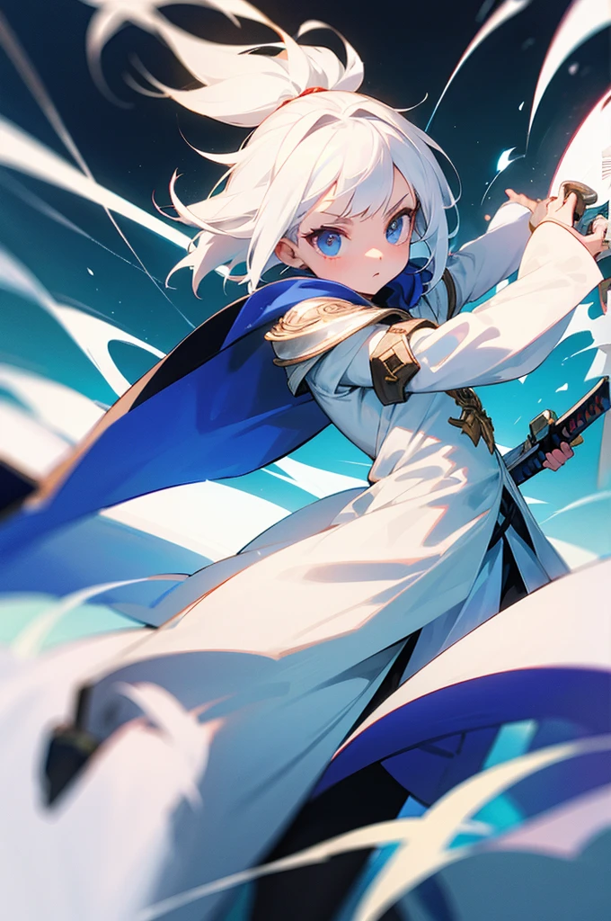 A small girl with white hair, wearing white armor and a cloak, wielding twin swords, a sense of speed.