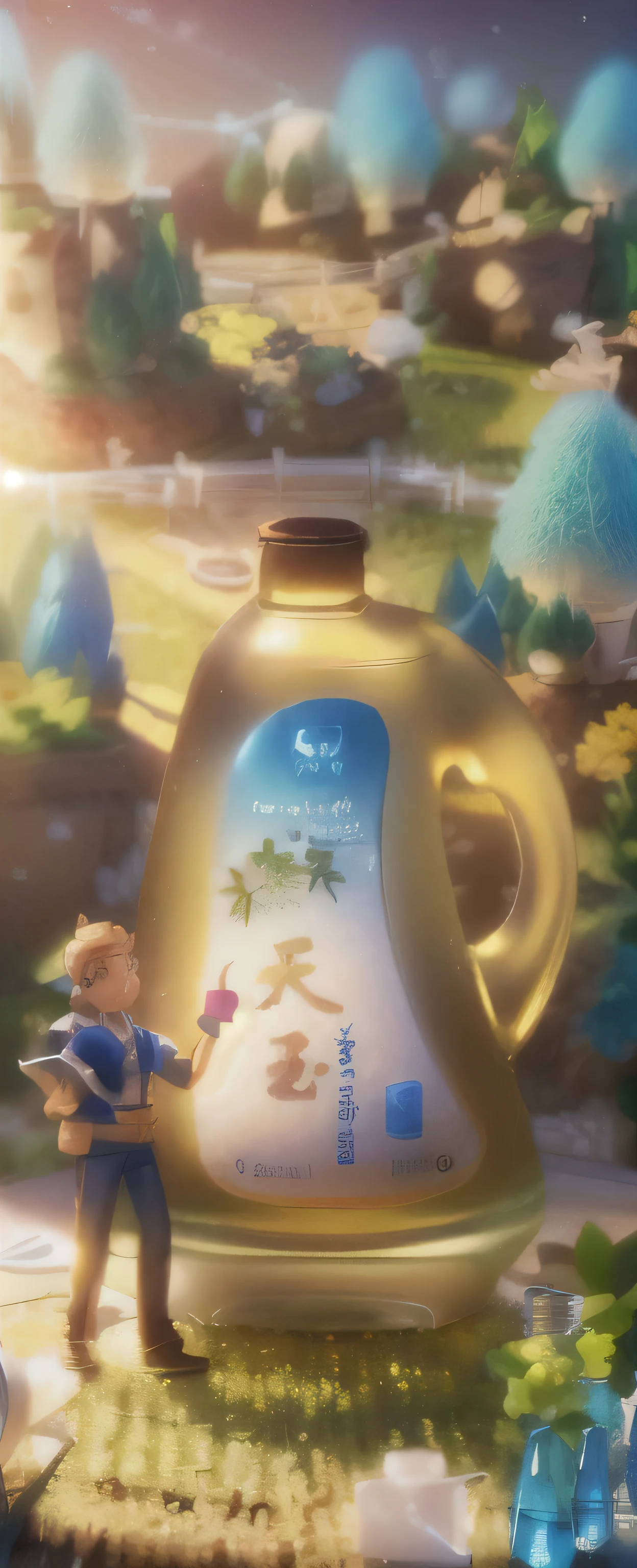 Close-up of a bottle of cooking oil on a table, , miniature photography closeup, miniature photography, Micro World, 3D Model Macro Photography, Excellent composition, Fantasy painting,3D model of a cute, Extremely detailed scene, Amazing wallpapers, in a scenic background, Very detailed scene, Beautiful and detailed scenes,High definition picture 4k