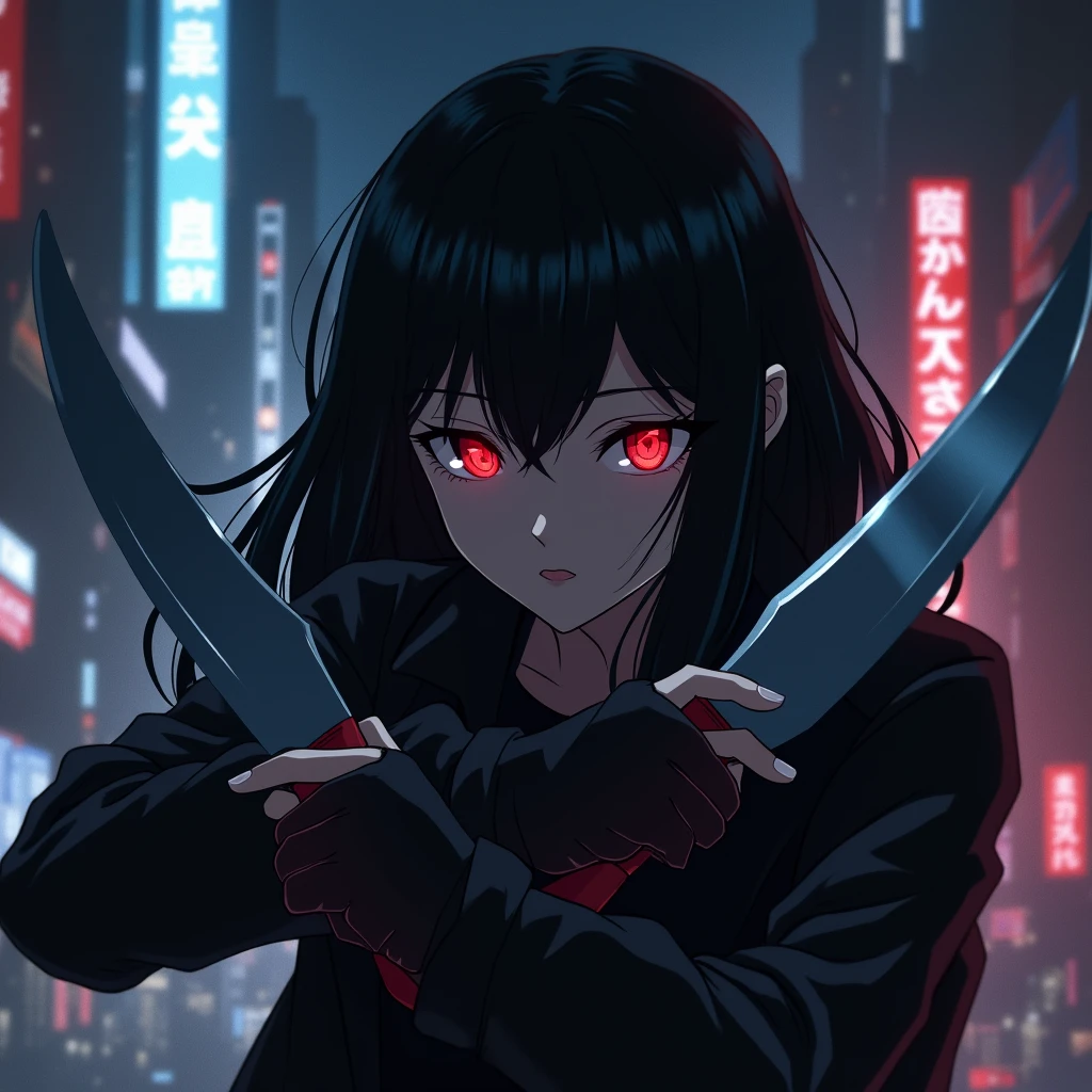 Yuri  with black hair and red eyes in action at spy and family in anime style with both knife in hands hidding her face only her red eyes glimmering at dark city light