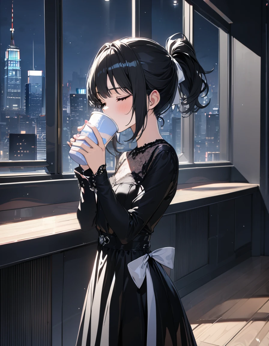 (masterpiece)、(absurdres)、(ultra detailed)、(8k),solo lady,shiny black hair,closed eyes,,short highponytail,(1white ribbon;1.1),(small breast:0.9),(Gothic dress:1.1),(Long sleeve),Cup covering mouth,Drinking iced milk、potrait shot,Modern interior,Midnight cityscape、side view,