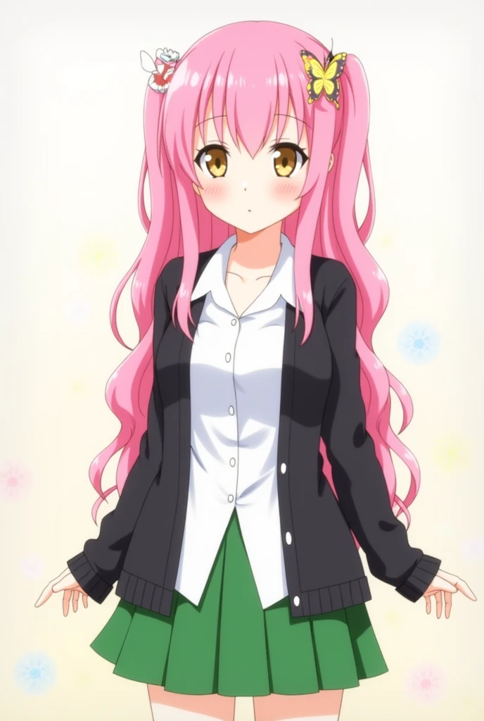 nino nakano, long hair, bangs, blue eyes, hair ornament, hair ribbon, pink hair, blunt bangs, two side up, butterfly hair ornament, skirt, shirt, long sleeves, white shirt, pleated skirt, open clothes, collared shirt, sleeves past wrists, dress shirt, cardigan, green skirt, open cardigan, black cardigan, the quintessential quintuplets art style season 2, anime style art