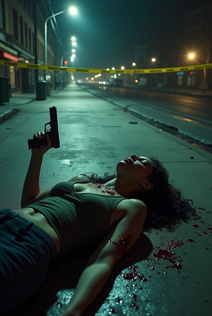 4k, ultra realistic, realistic, textured skin, crime scene, gun, stabbed, woman, rated pg, dead body, whole body