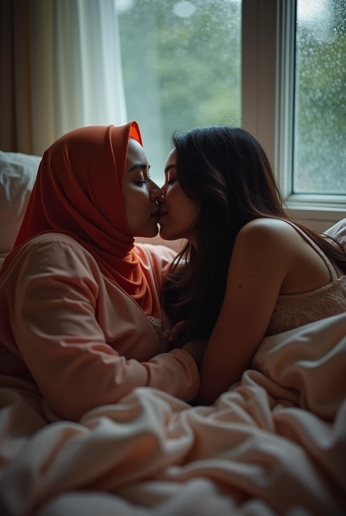 beautiful hijab indonesian lesbian girl laying down,bra and panties,hugging,french kiss,breast grope,view from far,,raining,x
