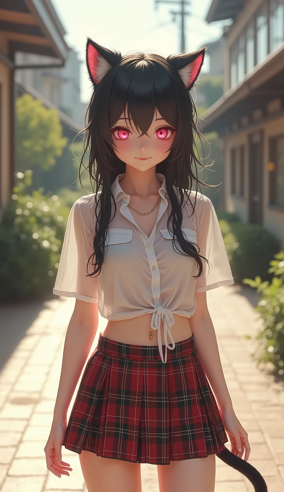 (((There is one girl:1.5))),Waifu E-girl, Cat Ears, Cat Tail, ((Glowing-Pink-Eyes)),(((A tall high school girl with a model figure))),Perfect proportions,(Standing facing this),Full body photography,(wide thighs, Very long legs),Fleshy,Mid-chest,(((Cleavage))),Breast enlargement,swelling of the nipples,Unbutton your shirt,Loafer Asterpiece on the ground:1.3),((8k, Photorealistic:1.4)),((Surreal,RAW Photos, highest quality: 1.4)),((Ultra high definition,Super detailed)), Beautiful Face,((Realistic face),(Brown's shortcuts:1.3)),Short Hair,Disheveled Hair,Fluffy hair,Detailed eyes,Realistic beautiful skin,Golden Ratio,Super cute,Open your mouth a little,smile,High school girl in summer clothes,White shirt,Sweaty,Wetty,(Wet shirt),See-through shirt,Light clothing,Surreal school girl,pleated micro mini skirt,Checkered micro mini skirt,Pleated miniskirt with tartan check,((I can see your panties!!)),pantyhose,(Black Stockings),((Knee-high stockings)),loafers,Esbian all over,High school girl wearing JK uniform,Sexy pose,Anatomically accurate body,Precisely drawn fingers,