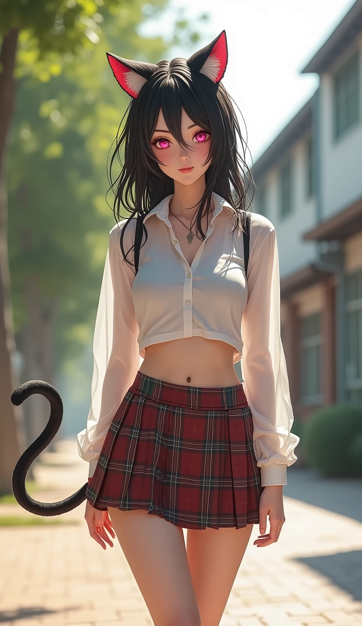 (((There is one girl:1.5)))，Waifu  E-girl, Cat Ears, Cat Tail, ((Glowing-Pink-Eyes))，(((A tall high school girl with a model figure)))，Perfect proportions，(Standing facing this)，Full body photography，(wide thighs, Very long legs)，Fleshy，Mid-chest，(((Cleavage)))，Breast enlargement，swelling of the nipples，Unbutton your shirt，Loafer Asterpiece on the ground:1.3)，((8k, Photorealistic:1.4))，((Surreal，RAW Photos, highest quality: 1.4))，((Ultra high definition，Super detailed)), Beautiful Face，((Realistic face)，(Brown's shortcuts:1.3))，Short Hair，Disheveled Hair，Fluffy hair，Detailed eyes，Realistic beautiful skin，Golden Ratio，Super cute，Open your mouth a little，smile，High school girl in summer clothes，White shirt，Sweaty，Wetty，(Wet shirt)，See-through shirt，Light clothing，Surreal school girl，pleated micro mini skirt，Checkered micro mini skirt，Pleated miniskirt with tartan check，((I can see your panties！！))，pantyhose，(Black Stockings)，((Knee-high stockings))，loafers，Esbian all over，High school girl wearing JK uniform，Sexy pose，Anatomically accurate body，Precisely drawn fingers，