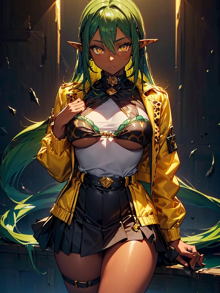 Black background with spotlight, elf 1people((Dark Skin:1.5,Golden eyes:1.4,Bright green hair:1.3,Gal Style,big ,)), Leopard print underwear, big_chest, Yellow Eyes, Blue Skirt, White jacket,Mini skirt
