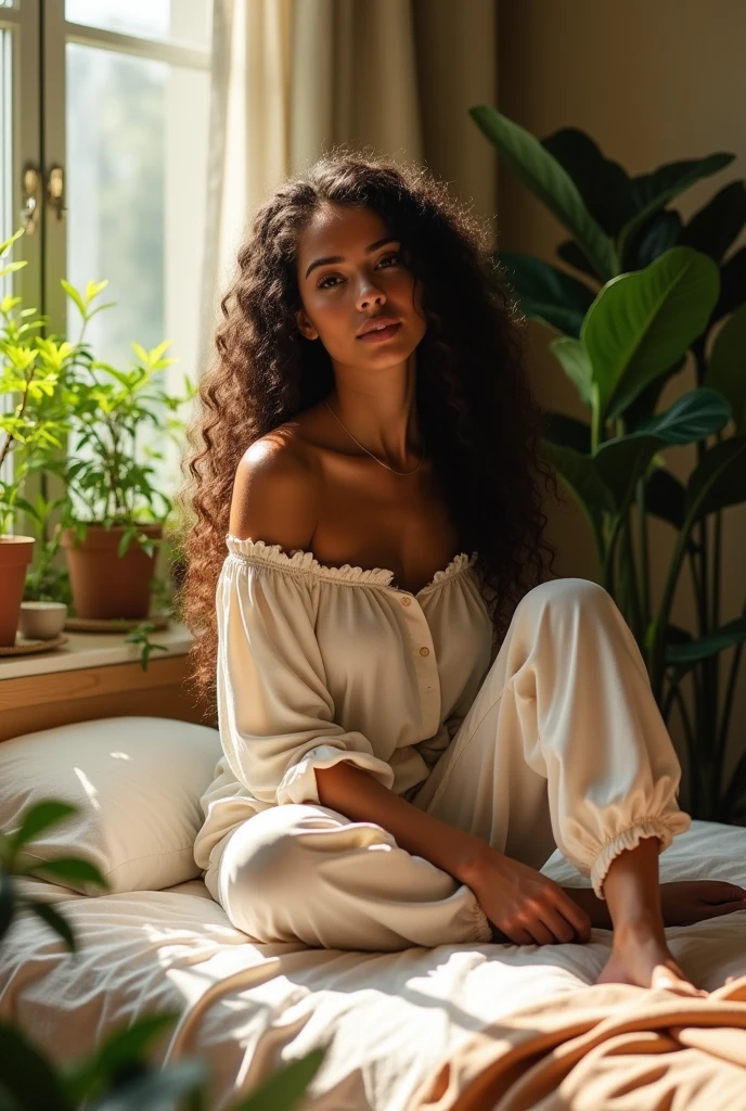 (photorealism:1.2), beautiful woman, sitting on bed, wearing loose off-shoulder top, pajama pants, long curly hair, indoors, soft lighting, plants in background, window with sunlight, cozy room, relaxed pose, realistic, intricate details, warm colors, by Greg Rutkowski, by Alphonse Mucha