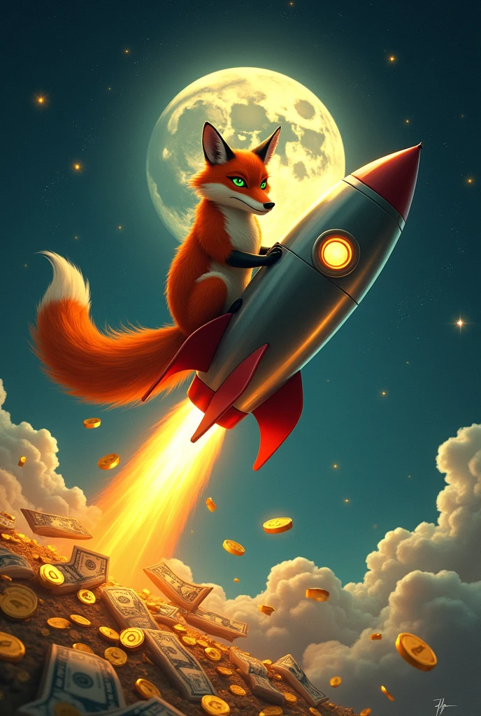 Evil fox on a rocket which shoots money to moon