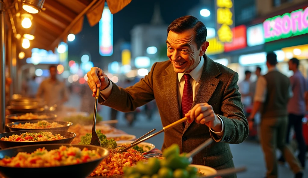 Mr. Bean, in his 2007 film style, is running a chaotic but charming street food stall in bustling Bangkok. Dressed in his usual brown tweed jacket and tie, he's hilariously attempting to cook and serve 'อาหารตามสั่ง' (custom-order Thai food). The stall is filled with mismatched utensils, woks, and Thai ingredients like garlic, chili, and fresh vegetables. As motorbikes zip by and tuk-tuks honk in the background, Mr. Bean struggles with a wok, spilling ingredients while making exaggerated facial expressions. The scene is full of slapstick humor, with classic Mr. Bean mishaps as he tries to serve a crowd of hungry customers. The backdrop includes vibrant Bangkok streets with temples and neon signs, capturing a mix of chaos and comedy.