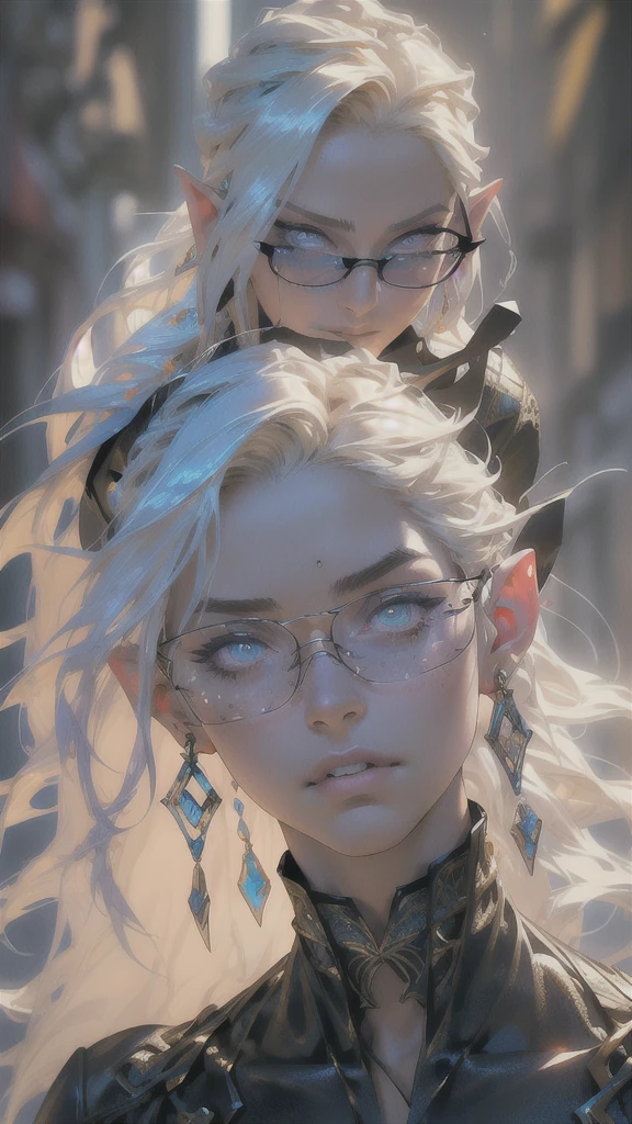 a beautiful man-elf with long hair, long ears, slender body, aristocratic clothing, transparent glasses, detailed face and body, intricate patterns on clothing, (best quality,4k,8k,highres,masterpiece:1.2),ultra-detailed,(realistic,photorealistic,photo-realistic:1.37),fantasy,digital painting,concept art,vibrant colors,dramatic lighting