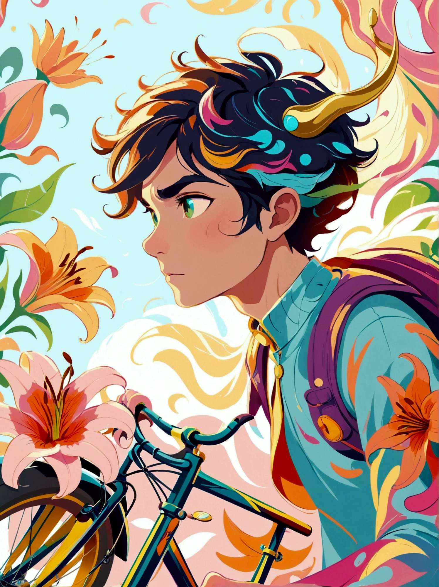 ([negative space:0.8:1.5]), a portrait of Bicycle, the background is the petals of an oversized lily, with a men, The flower has green stamens and long leaves, creating a dreamy effect. In light pink and sky blue tones, this illustration features cartoon characters and vector graphics. It was created using digital painting in the style of artists such as award winning illustrators, colorful cartoon-style illustration from an award winning animated movie, illustrated in bold outlines, showcasing its colors and shapes. The character is depicted adorned colorful energy against a white background, [mythical creature:0.8]