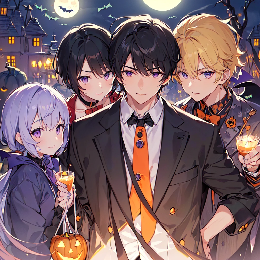 masterpiece,best quality,high quality,(3male austere handsome three adult age 30 years old:1.5), purple eyes, cool with suspended eyes, V-shaped eyebrows, body strong and fearless 8.5 head tall, height 185cm, (well-groomed black short hair down to neck:1.4), (bangs 7 thirds parted:1.4), slender nose, facial muscles, throat, (pants in Halloween fashion:1.3), (standing:1.3), (stylish pose), (cool smile:1.3), (background Halloween town:1.3) , (moonlit night:1.3), (upper body:1.3)
