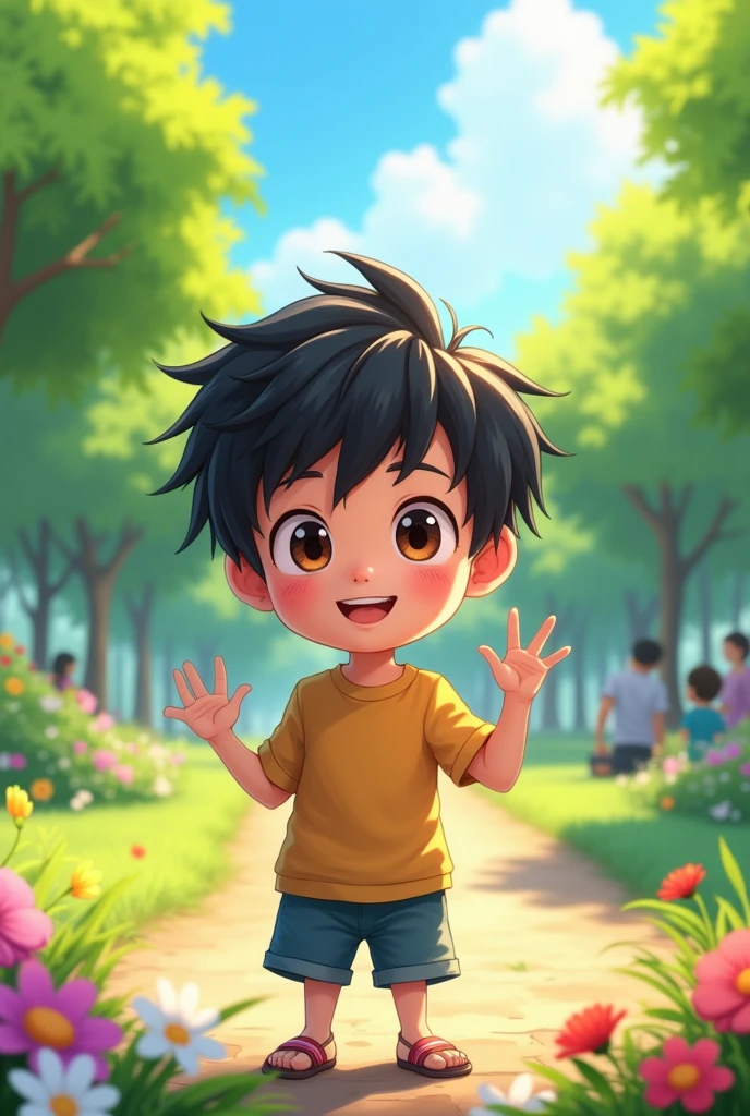 
A simple 2d anime boy character standing with black hair brown eyes hand in explaining gesture