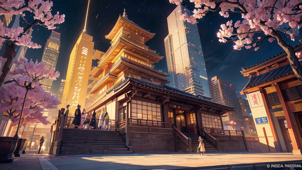 A high-end Japanese restaurant with a ninja twist Fold cherry blossoms Yellow neon Golden Pika Building streets of the near future Japanese Cyber hologram huge round window Elegant adult space shuttle Searchlight Gorgeous A high-rise building with a woman in an SF kimono and eyes