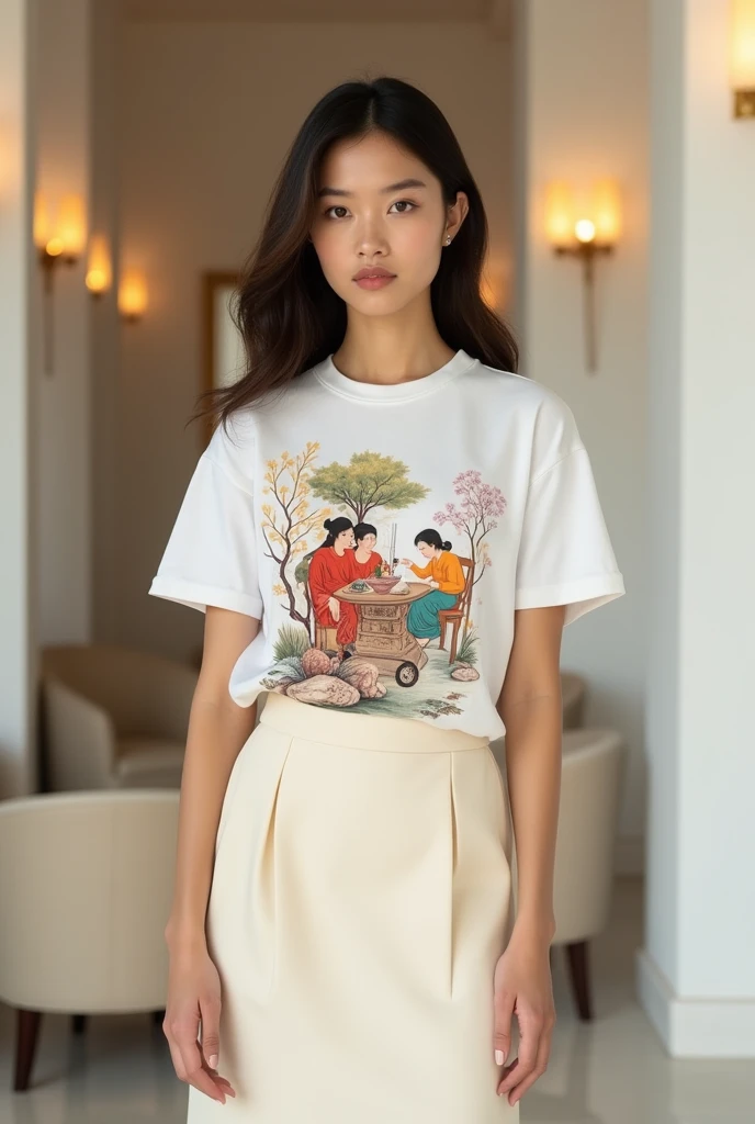 8k image of model wearing white T-shirt printed with Vietnamese Dong Ho painting. Cream colored stand-up skirt. Luxurious elegant style. Background with rice white walls, chairs, lamps