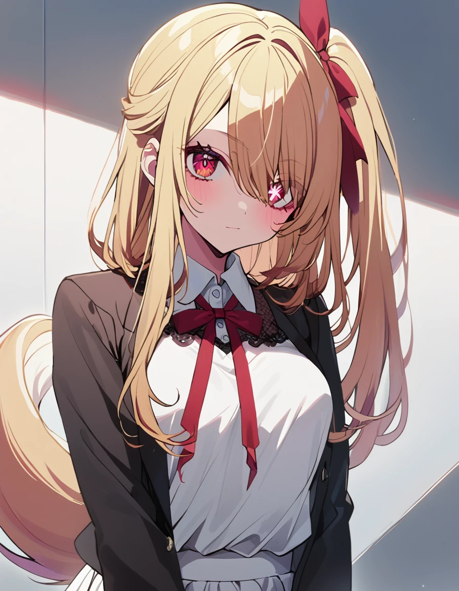 1 girl(oshinoko, Rubu Hoshino, blonde side tail, red eyes, star shaped pupils in right eye, black blazer, white shirt, red ribbon on chest, black blouse, white skirt)