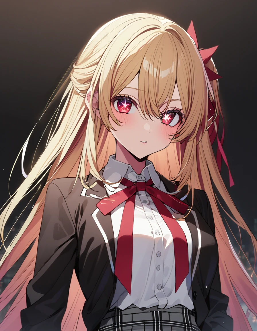 1 girl(oshinoko, Rubu Hoshino, blonde side tail, red eyes, star shaped pupils in right eye, black blazer, white shirt, red ribbon on chest, black blouse, white skirt)