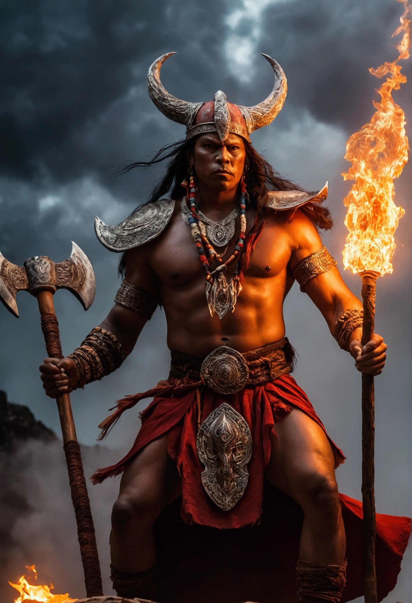 The powerful Orixá Xangô, Lord of Fire and Lightning, carrying their axes