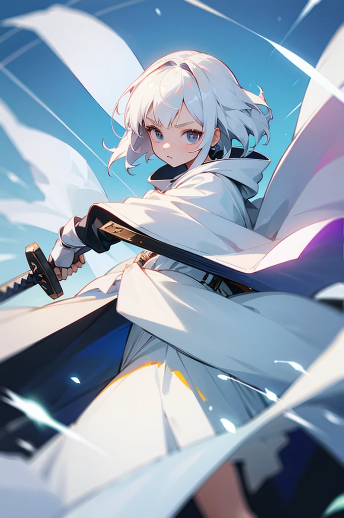 A small girl with white hair, wearing white armor and a cloak, wielding twin swords, a sense of speed.