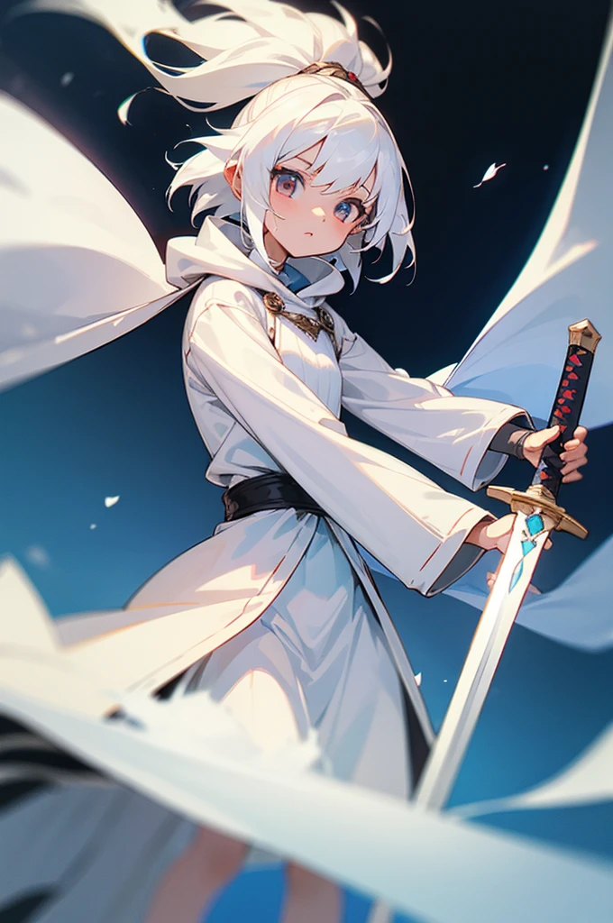 A small girl with white hair, wearing white armor and a cloak, wielding twin swords, a sense of speed.