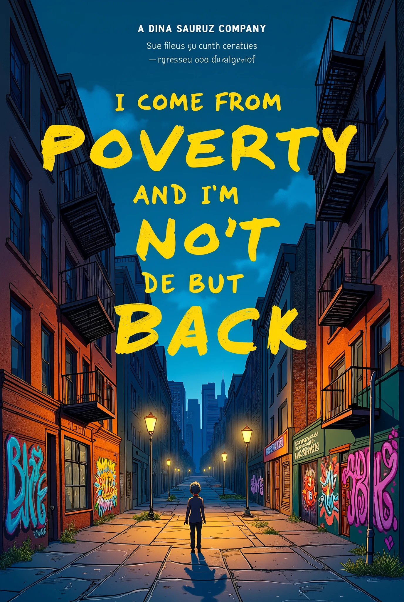 A cover that says I come from poverty and I'm not going back and in one corner Dina sauruz Company in graffiti that has several elements like the neighborhood in the background at night and in Spanish