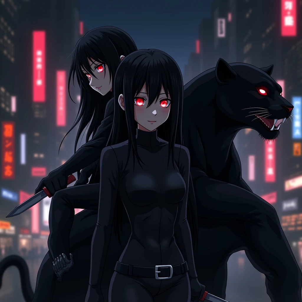 Yuri with black hair and red eyes in action at spy and family in anime style with both knife in hands hidding her face only her red eyes glimmering at dark city light... There's a big huge black panther on her back